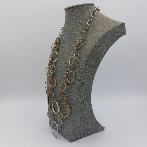Mixed Metal Necklace Circle Ring Links Gold Copper Silver Brass Toned Two Strand - Picture 2 of 6